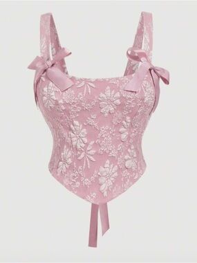 Pink Floral Embroidered Ribbon Strap Corset Top